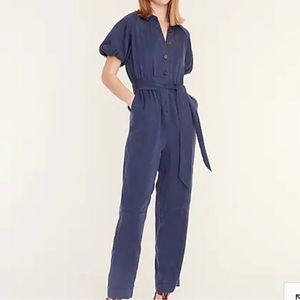 J. Crew Drapey blue button up puff sleeve tencel lyocell jumpsuit romper size 4